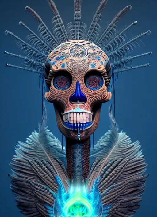 Prompt: 3 d shaman with tattoos profile portrait, sigma 5 0 0 mm f / 5. beautiful intricate highly detailed quetzalcoatl skull and feathers. bioluminescent, plasma, frost, water, wind, creature, gradient background, thunderstorm! artwork by tooth wu and wlop and beeple and greg rutkowski, 8 k trending on artstation,