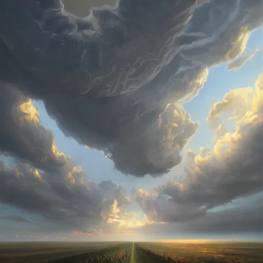 Image similar to Masterpiece Art by world famous artist demo of immense grandeur clouds in three point perspective. three point perspective. three point perspective. Matte painting. Oil on canvas. Digital art. Fantastic intriguing mysterious lighting. Glorious. Trending on artstation.