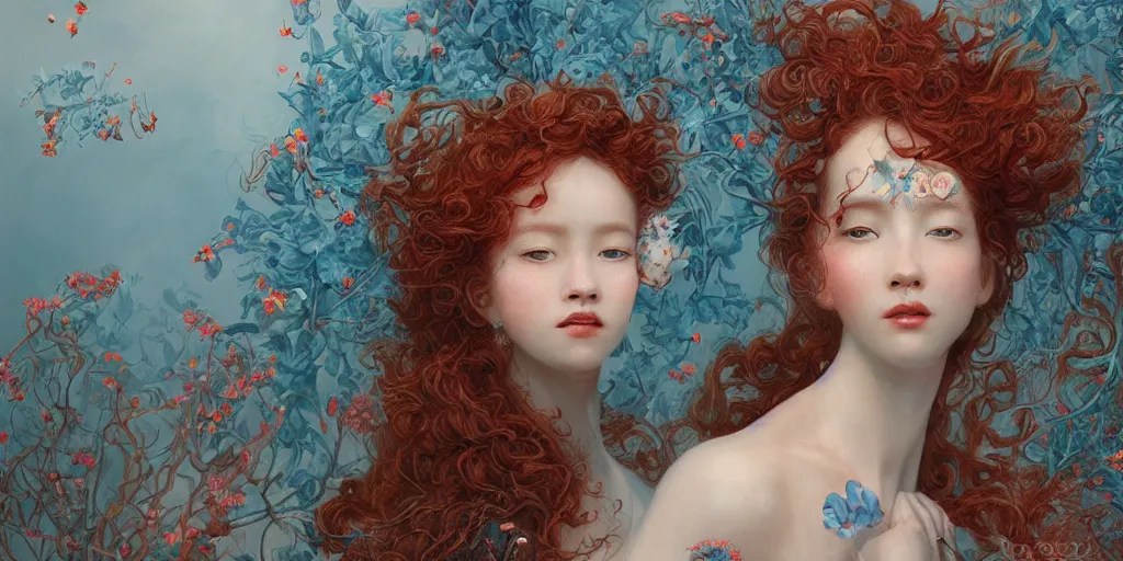 Prompt: breathtaking detailed concept art painting blend of few red curly hair goddesses of light blue flowers by hsiao - ron cheng with anxious piercing eyes, vintage illustration pattern with bizarre compositions blend of flowers and fruits and birds by beto val and john james audubon, exquisite detail, extremely moody lighting, 8 k