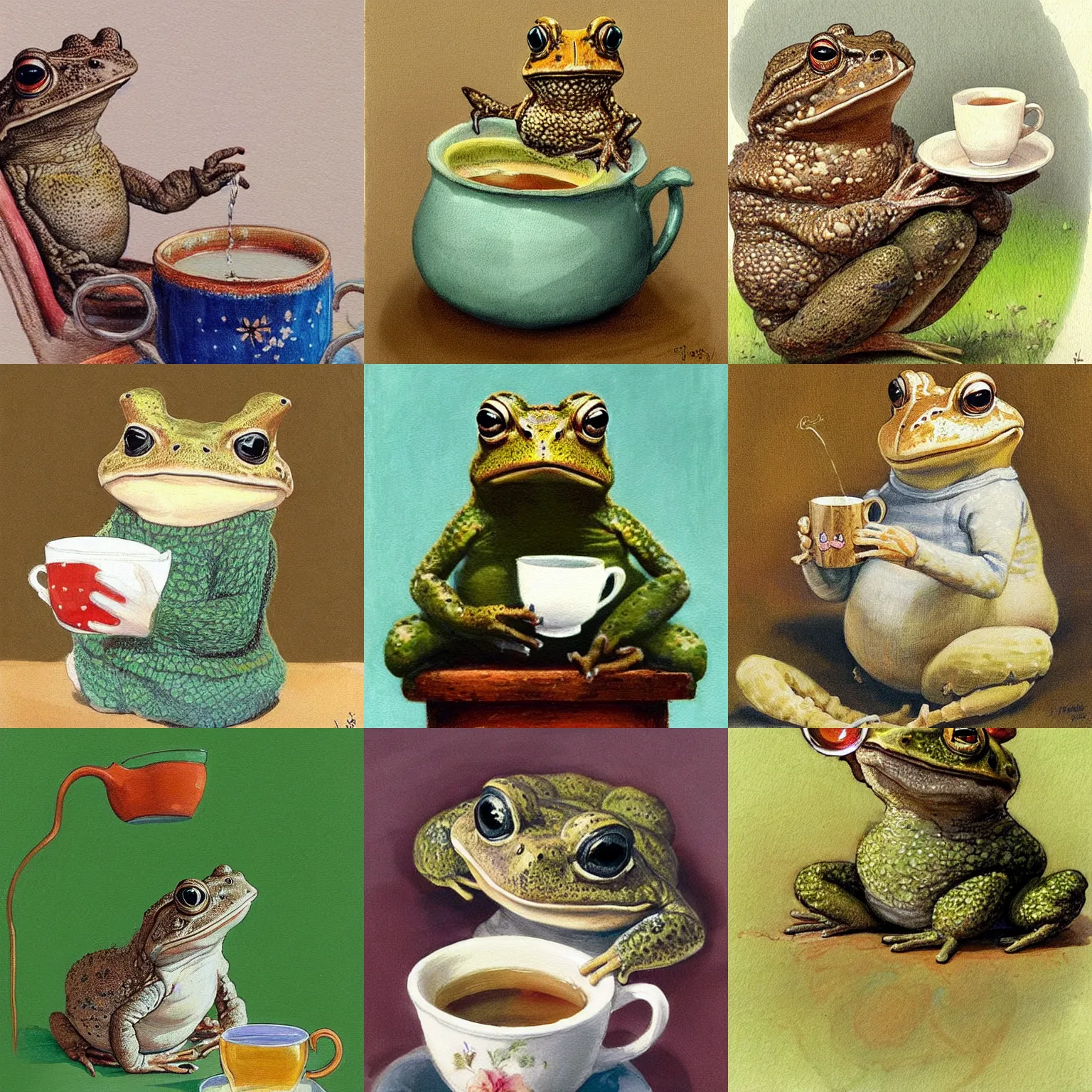 Prompt: a cute illustration of missus Toad sitting and drinking tea. Lovely painting of a toad in a sweater, by James Gurney