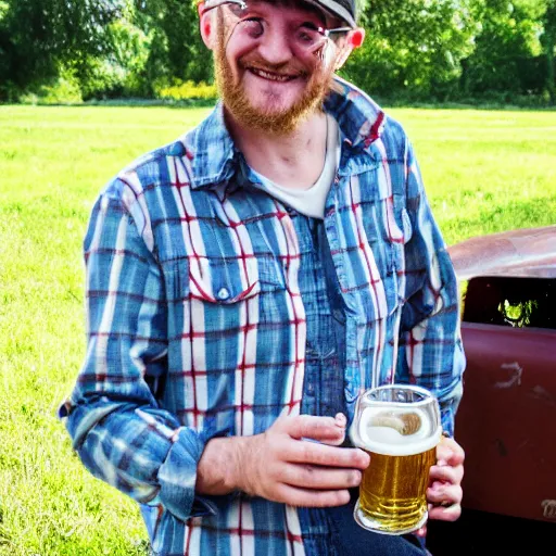 Image similar to country bumpkin harry potter drinking a beer, old pickup, beat up shirt