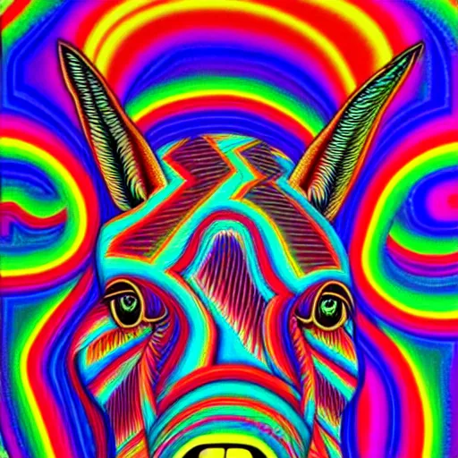 Image similar to a mule in the style of alex grey, highly detailed, psychedelic, colorful, 8 k