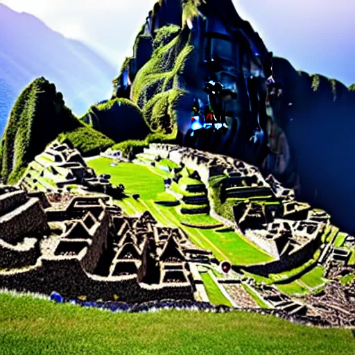 Image similar to ufo flying over machu picchu, photo, 8 k,