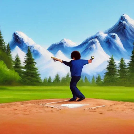 Image similar to a closeup photorealistic photograph of bob ross themed kenny powers playing baseball, a painting on a canvas. mountains and trees. film still. brightly lit scene. this 4 k hd image is trending on artstation, featured on behance, well - rendered, extra crisp, features intricate detail, epic composition and the style of unreal engine.