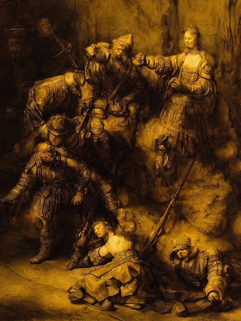 Prompt: the soldier bowed the queen down to the ground and laid his hand on top of her head, by rembrandt, cinematic, intimate, epic, dimly lit, private moment