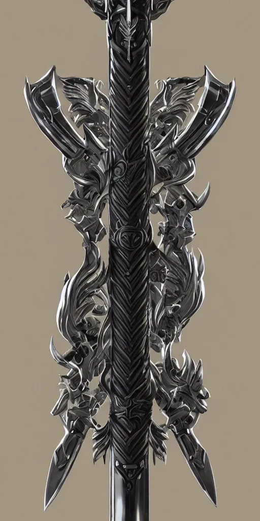 Image similar to a black and silver sword skull crest, orthographic, ornament, weapon, a 2 d render by dom qwek, front side, concept art, trending on polycount, artstation, hard surface modeling, rendered in maya, zbrush, hd, vray, blizzard, symmetry