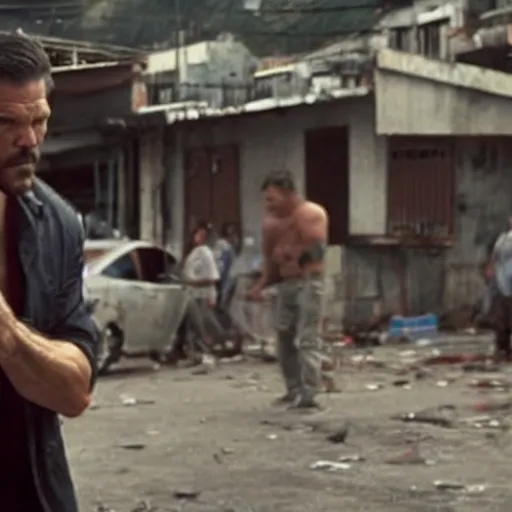 Image similar to blurry film still of a max payne movie starring josh brolin, set in a favela, zoomed out