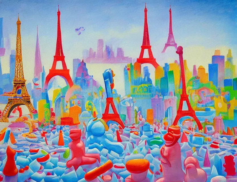 Image similar to a funny impressionistic painting of ice sculptures made of colorful icecream in the shape of the skyline of paris with eiffel tower on a very sunny summer day, very hot and the ice is melting fast and people are swimming their way through in the icecream in the style of james jean and fernando botero