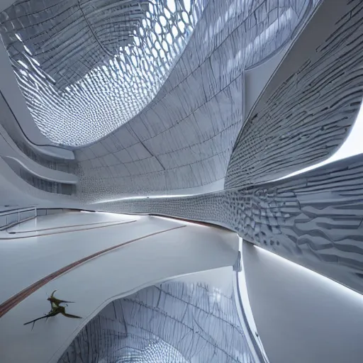 Image similar to stunning beautiful futuristic museum interior by Zaha Hadid, smooth curvilinear dragonfly wings pattern