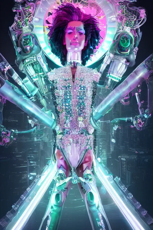 Image similar to full-body rococo and cyberpunk style crystal quartz sculpture of a young handsome seductive Cuban android gogo dancer reaching for the sky, glowing pink laser eyes, crown of white gears and diamonds, swirling green-colored silk fabric. futuristic elements. full-length view. intricate artwork by caravaggio. Trending on artstation, octane render, cinematic lighting from the right, hyper realism, octane render, 8k, depth of field, 3D