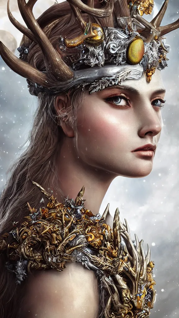 Prompt: highly detailed close up portrait of Artemis, goddess of the hunt and the moon, wearing a crown made of antlers, studio lightning, bright colors, intricate, masterpiece, photorealistic, hiperrealistic, sharp focus, high contrast, Artstation HQ, DeviantArt trending, 4k UHD, Unreal Engine 5