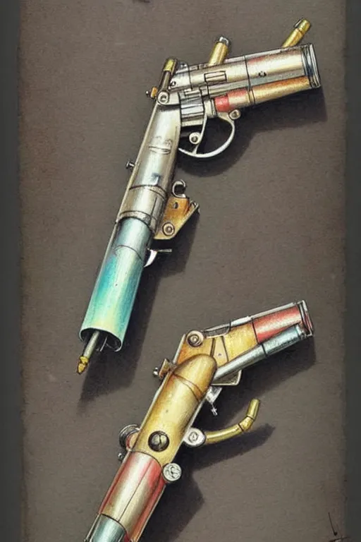 Image similar to ( ( ( ( ( 1 9 5 0 s retro science fiction raygun pistol. muted colors. ) ) ) ) ) by jean - baptiste monge!!!!!!!!!!!!!!!!!!!!!!!!!!!!!!