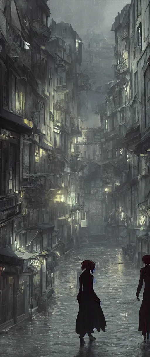 Image similar to lelouch lamperouge and asuka langley holding hands in dishonored town, dunwall city, redshift render, cinematic lighting, rainy weather, melancholy atmosphere, dunwall city, volumetric light, octane render, dishonored game, dishonored 1, gothic architecture, realistic reflections