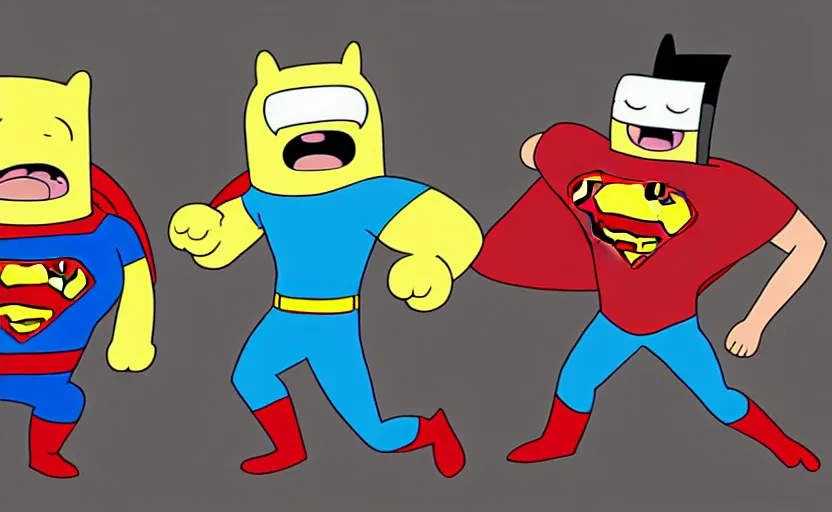 Prompt: painting of Jake from adventure time versus superman from DC universe, Jake is eating bacon pancakes, adventure time vs DC, hand to hand combat, by senior character artist, concept art, digital art, cartoony