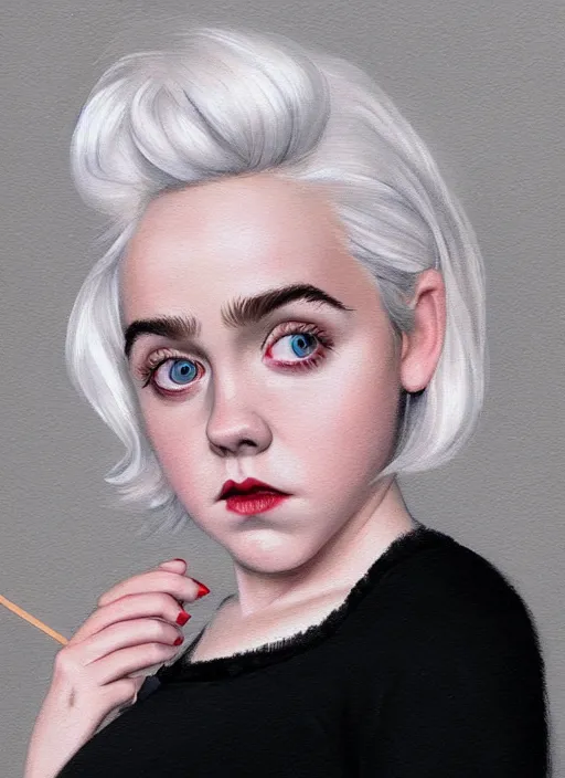 Image similar to full body portrait, kiernan shipka as sabrina spellman, white hair, obese, bangs, sultry, realistic, sultry smirk, fluffy bangs, curly bangs, fat, belly, intricate, elegant, highly detailed, digital painting, artstation, concept art, smooth, sharp focus, illustration, art by wlop, mars ravelo and greg rutkowski