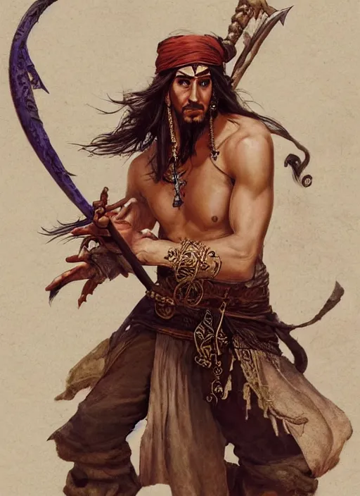 Image similar to detailed pencil spot illustrations of various character concepts from the prince of persia game and pirates of the caribbean movie, various poses, by burne hogarth, by bridgeman, by anthony ryder, by yoshitaka amano, by ruan jia, by conrad roset, by mucha, artstation, artstation.