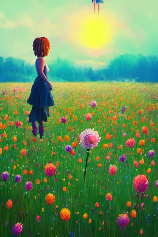 Image similar to closeup, giant flower head, girl in suit jumping in field of flowers, surreal photography, sunrise, blue sky, dramatic light, impressionist painting, digital painting, artstation, simon stalenhag