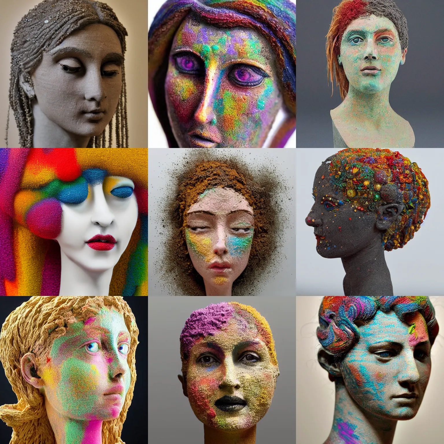 Prompt: an intricate and extremely detailed sculpture of a female head made of colorful dust