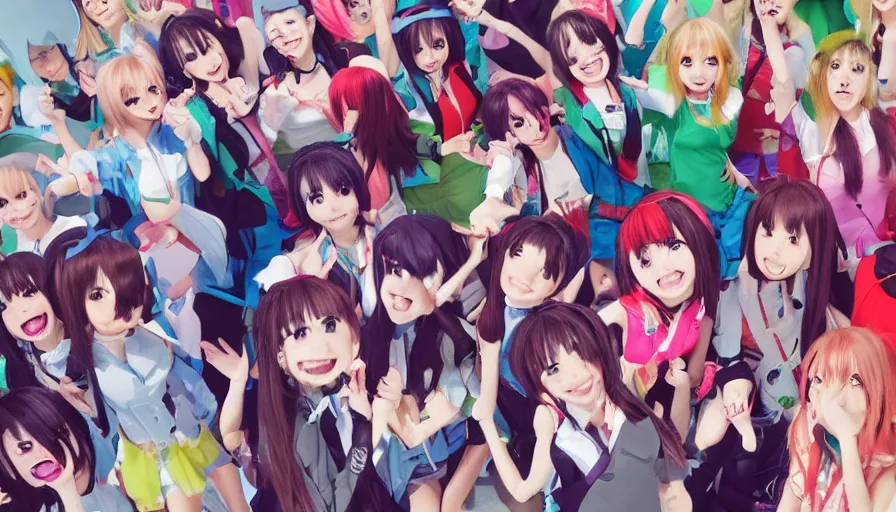 Image similar to group of cute anime characters jumping, colorful outfits, realistic face, detailed face, detailed eyes, short miniskirts, lightly dressed, ultra detailed digital art, hyper real, detailed, group photo, ultra detailed, ground up angle