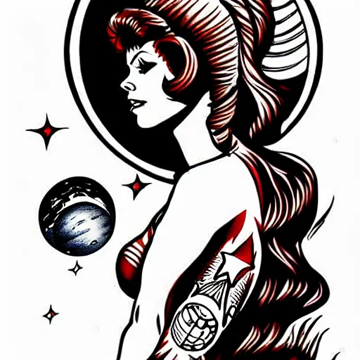 Prompt: old school, traditional style tattoo sketch of beautiful redhead girl, in space riding a rocket, in front of jupiter planet, red, black brown colors drawn by sailor jerry, vic james, electric martina, heath clifford, kimi vera