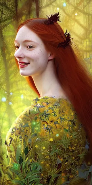 Image similar to lovely woman, serene smile surrounded by golden firefly lights, amidst nature fully covered by a intricate detailed dress, long red hair, precise linework, accurate green eyes, small nose with freckles, smooth oval shape face, empathic, expressive emotions, spiritual scene, hyper realistic ultrafine art by artemisia gentileschi, jessica rossier, boris vallejo