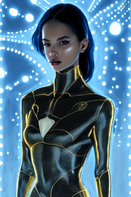 Prompt: detailed portrait glam black hair girl with light skin, intricate, futuristic, elegant cape, elegant, alien room background, white, blue, gold, photorealism, trending on artstation, holy halo, art by moebius and vitaly bulgarov and chanthara