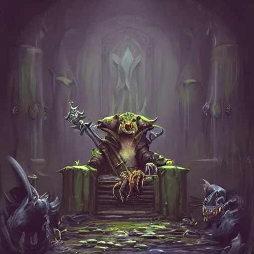 Prompt: murky sewer scene with an evil rat sitting on a throne, surrounded by his court of rats. trending on artstation, fantasy illustration, rat people, extremely detailed, grim