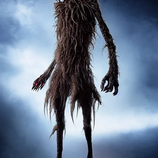 Image similar to standing photorealistic detailed tall skinny humanoid creature with fur, extremly detailed, 8 k, realistic, sharp focus, cosmic horror creature, cosmic horror, from the movie the thing