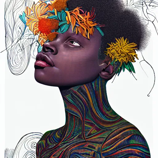 Image similar to the portrait of an incredibly cute and sophisticated black woman partially made of onions of all colors, an ultrafine detailed illustration by james jean, final fantasy, intricate linework, bright colors, behance contest winner, vanitas, angular, altermodern, unreal engine 5 highly rendered, global illumination, radiant light, detailed and intricate environment