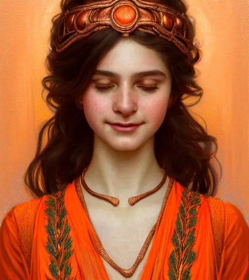 Prompt: portrait of teenage godess, snake hair, naughty smile, wearing an embroidered orange tunic, intricate, elegant, copper and emerald jewelry, glowing lights, seductive. highly detailed, digital painting, artstation, concept art, smooth, sharp focus, illustration, art by wlop, mucha, artgerm, and greg rutkowski