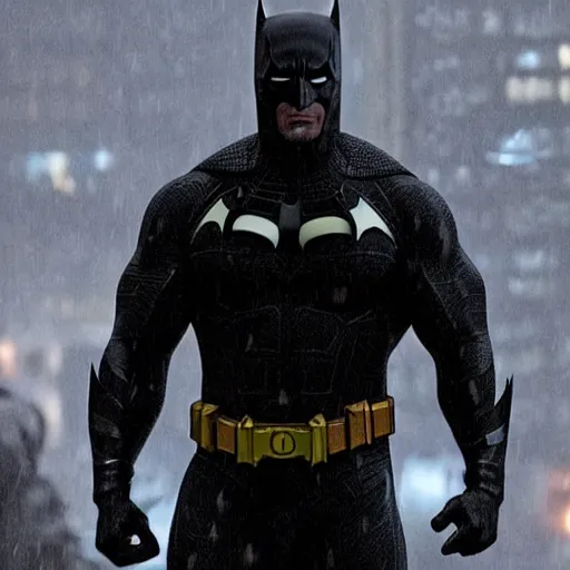 Image similar to Dwayne Johnson as Spiderbatman ,under rain, dramatic , an film still