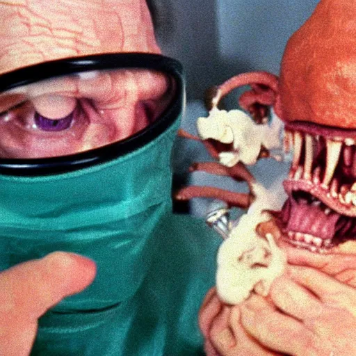 Prompt: closeup color 30mm film movie photograph of a 70-year old doctor wearing a surgical mask being smothered by a dangerous shape shifting alien creature, with multiple mutated snarling drooling human faces with a grotesque variety of gorey human and animal limbs protruding from its lower torso 1982