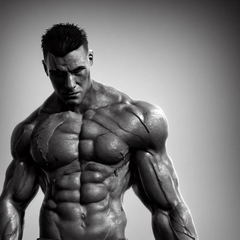 Image similar to a single muscular man wearing torn clothes, looking to the right, profile picture, hyperrealistic, concept art, octane render, unreal engine 5, trending on artstation, high quality, highly detailed, 8 k, dramatic lighting, cinematic, high coherence, anatomically correct, five fingers, digital art, seductive, black and white
