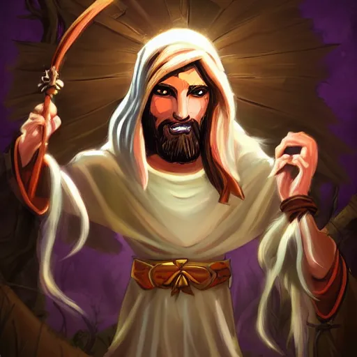 Prompt: jesus, cartoon, rpg character, humblewood art style, concept art, fantasy