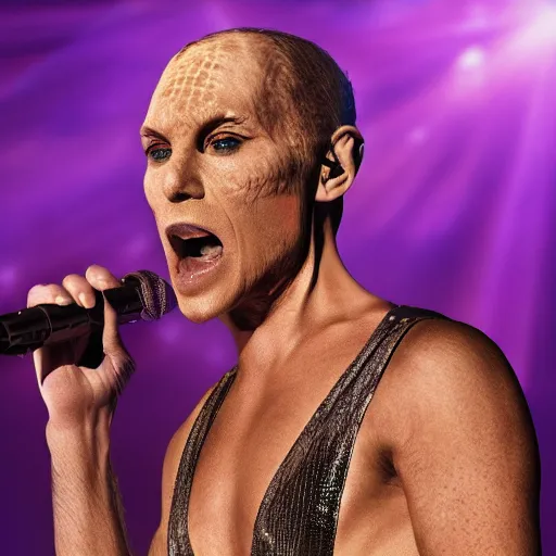 Prompt: hyperrealistic!! reptilian Singer live at X-Factor, High resolution, 8K