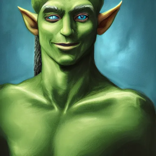 Prompt: a green-skinned elf, color portrait