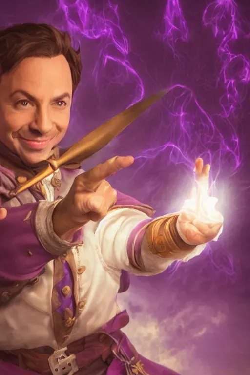 Prompt: Sam Riegel as Scanlan Shorthalt from Vox Machina, Halfling Bard, realistic cinematic shot, flipping you off using a magical glowing purple magic hand, subtle fog and mood lighting