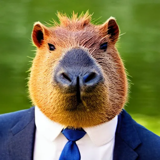 Prompt: capybara head, a man wearing a suit capybara head