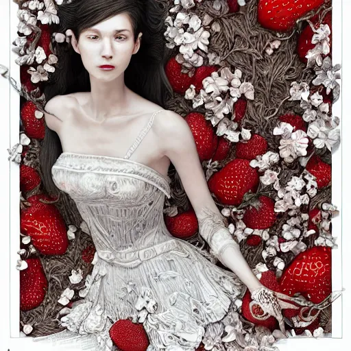 Image similar to the portrait of an absurdly beautiful, graceful, elegant, sophisticated, fashionable young woman made of strawberries and white petals looking down, an ultrafine hyperdetailed illustration by kim jung gi, irakli nadar, intricate linework, bright colors, octopath traveler, final fantasy, unreal engine 5 highly rendered, global illumination, radiant light, detailed and intricate environment