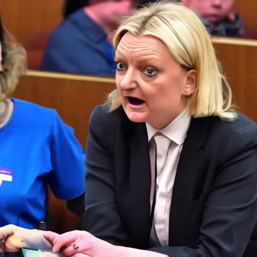 Image similar to an nhs surgeon looks scared of a liz truss demon