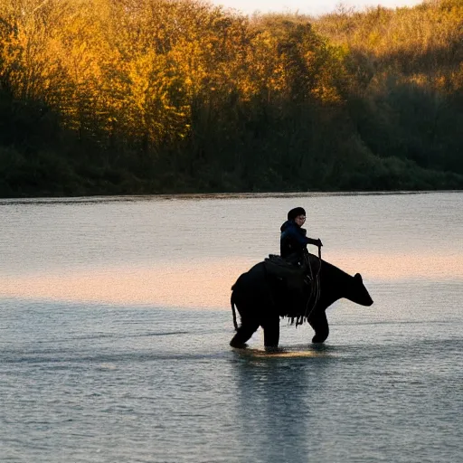 Image similar to high quality photograph of volodimir zelenski riding a bear across a river, golden hour