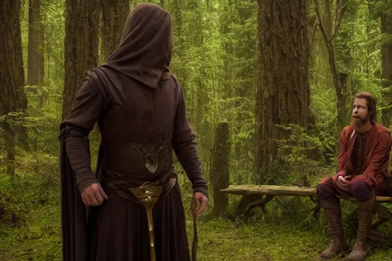 Prompt: still from a fantasy movie, a warlock discussing with another man, forest in the background, muted colors, 8 k, cinematic, very detailed face, hyperrealistic, movie still frame, promotional image, imax 7 0 mm footage