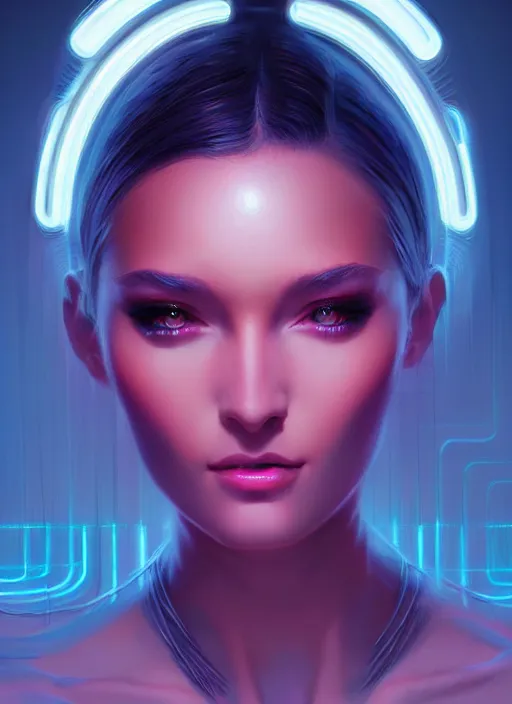 Image similar to portrait of female humanoid from 6 0 s era, intricate, elegant, cyber neon lights, highly detailed, digital painting, artstation, glamor pose, concept art, smooth, sharp focus, illustration, art by artgerm and greg rutkowski