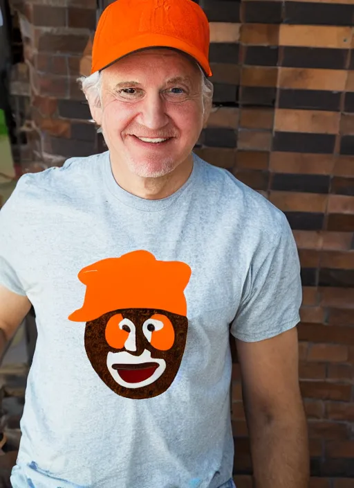 Image similar to a color photograph of an architect with short white hair, wearing an orange T shirt, a brown baseball cap with a bee on it, a lopsided wry smile on his face