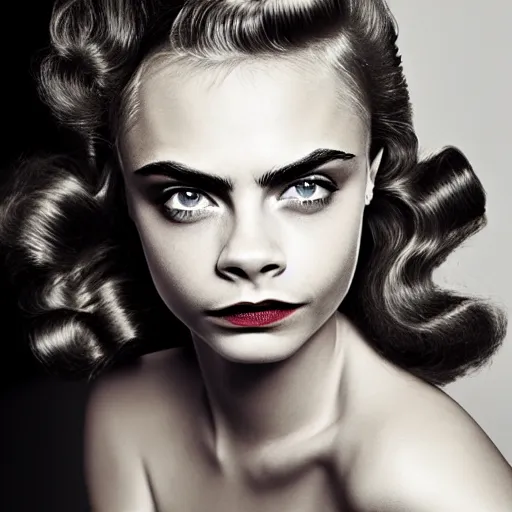 Prompt: photo of a gorgeous 20-year-old Cara Delevingne with 1930s hairstyle by Mario Testino, detailed, head shot, award winning, Sony a7R -