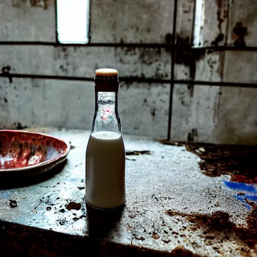 Image similar to bottle of milk, over a rusted metal table inside a jail cell in a slaughterhouse