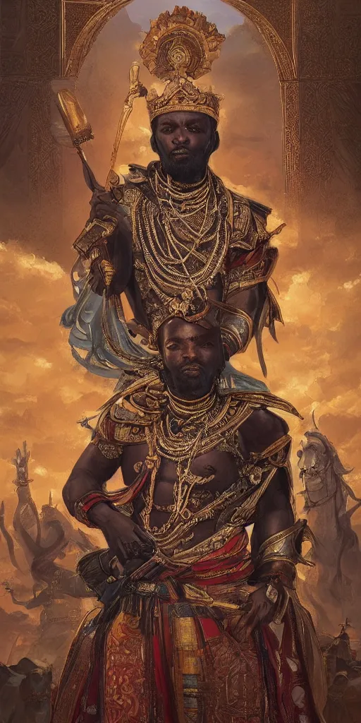 Image similar to a stunning and noble highly detailed romantic period style portrait of Mansa Musa by Josep Tapiró Baró and Greg Rutkowski, trending on artstation, oil painting masterpiece, symmetry, African iconography