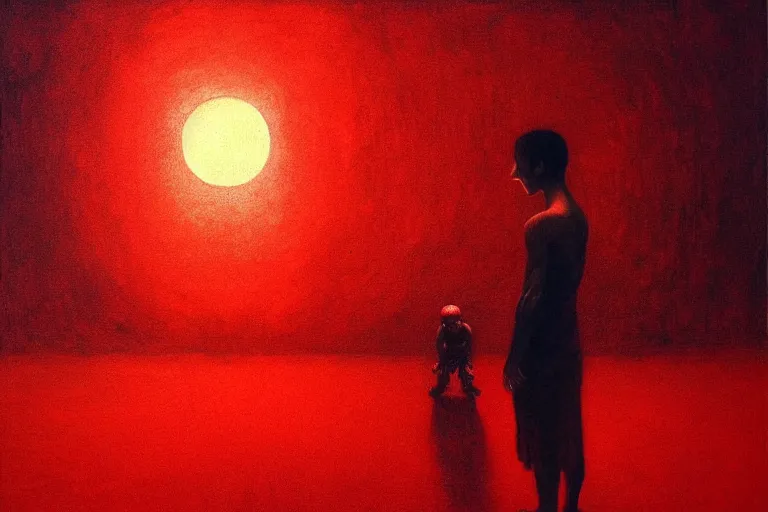 Image similar to only with red, a red shinigami eat apple, mars in background, an ancient path, in the style of beksinski, part by hopper, part by rodcenko, part by hofbauer, intricate composition, red by caravaggio, insanely quality, highly detailed, masterpiece, red light, artstation