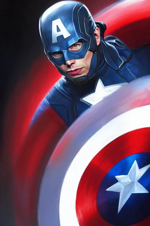 Image similar to elon musk as captain america, marvel character, portrait, highly detailed, digital painting, artstation, concept art, smooth, sharp focus, illustration, cinematic lighting, art by artgerm and greg rutkowski and alphonse mucha