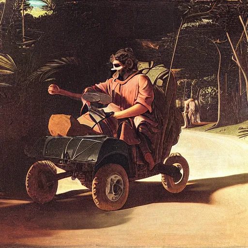 Prompt: a guy in an all terrain vehicle by caravaggio